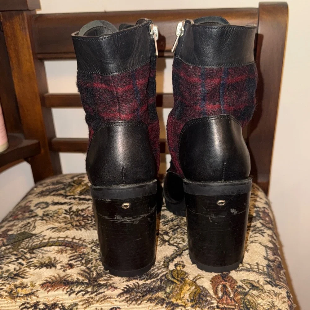 Coach Hartley Plaid Lace-Up Booties Black Leather & Red Wool Ankle Boots 7B